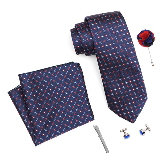 RIZORO Mens Plaid Micro Self Silk Blue Necktie Gift Set With Pocket Square Cufflinks Brooch Pin Men Tie Clip Formal Tie With Wooden Box For Gifting (RW_54, Free Size)