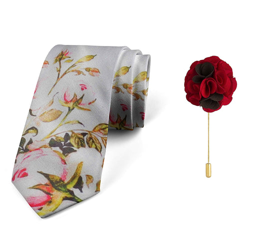 Axlon Men's Micro Polyester Floral Necktie Set with Pocket Square and Brooch Pin (Beige ,Free Size)