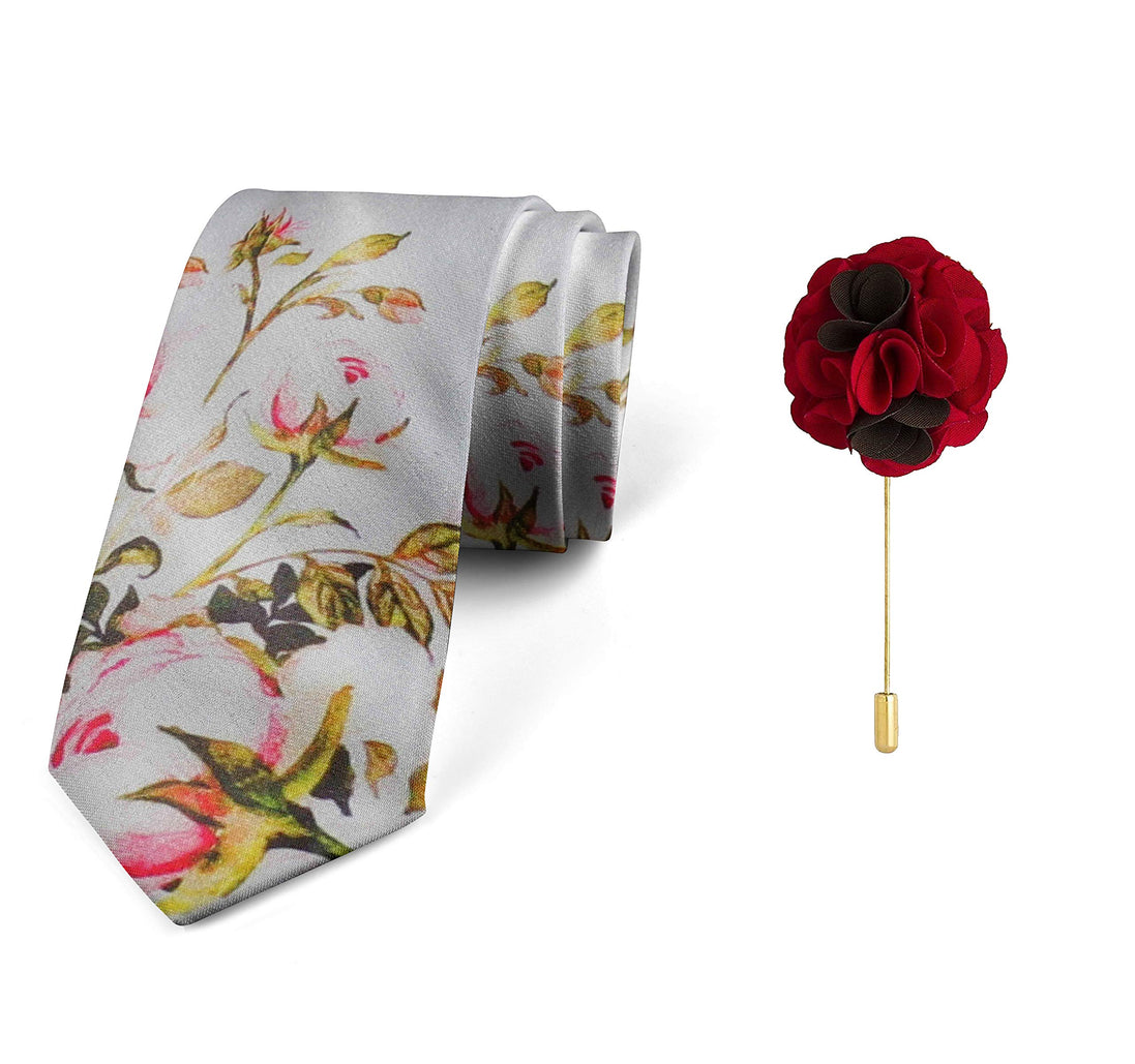 AXLONMen's Micro Polyester Floral Necktie Set with Pocket Square and Brooch Pin (Pink ,Free Size)