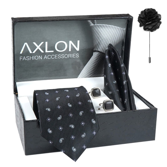 Axlon Men's Paisley Micro Wooven Silk Necktie Gift Set With Pocket Square Cufflinks & Brooch Pin Tie for Men Formal Tie Set with Box (Pack of 4) (AX11_3, Black)