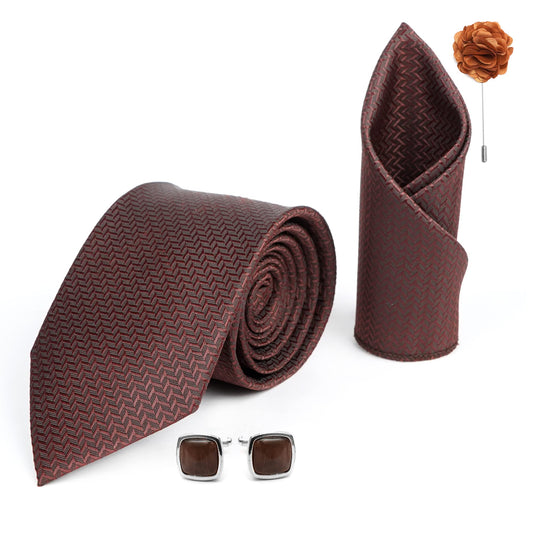 AXLON Mens Plaid Micro Self Silk Necktie Gift Set With Pocket Square Cufflinks & Brooch Pin Formal Tie With Leatherite Box (SIDIRX Free Size) | (Leather Gift Box) (Pack of 4)