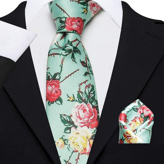 Axlon Men's Micro Polyester Floral Necktie Set with Pocket Square and Brooch Pin (Green ,Free Size)