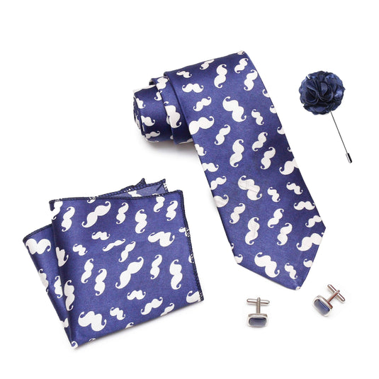 Axlon Men Formal/Casual Printed Satin Neck Tie Pocket Square Accessory Gift Set with Cufflinks and Brooch Pin - Blue (Free Size, ltr_820)