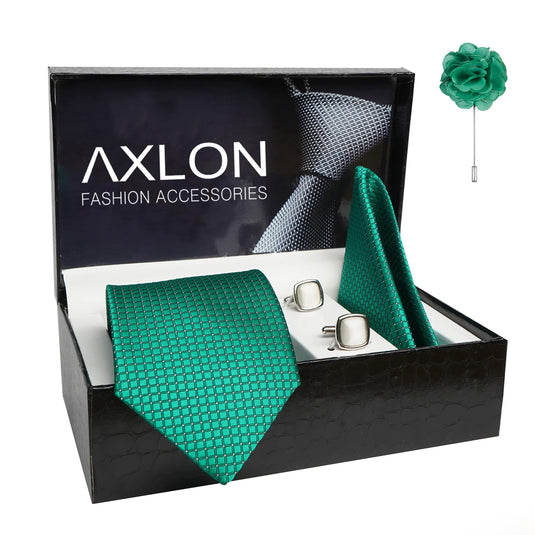 AXLON Mens Plaid Dotted Silk Necktie Gift Set With Pocket Square Cufflinks & Brooch Pin Tie For Men Formal With Leatherite Box (A9RX Free Size) | (Leather Gift Box) (Pack of 4)