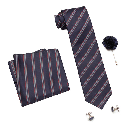 RIZORO Mens Plaid Stripped Silk Necktie Tie Gift Set With Pocket Square, Cufflinks & Brooch Pin Formal Tie With Leatherite Box (Deep Blue, S5DBRB, Free Size)