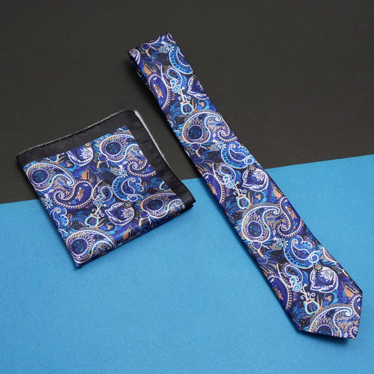 Axlon Mens Printed Silk Necktie Set With Panel Print Pocket Square Ties For Men Formal (Electric Blue, FDAX_25)