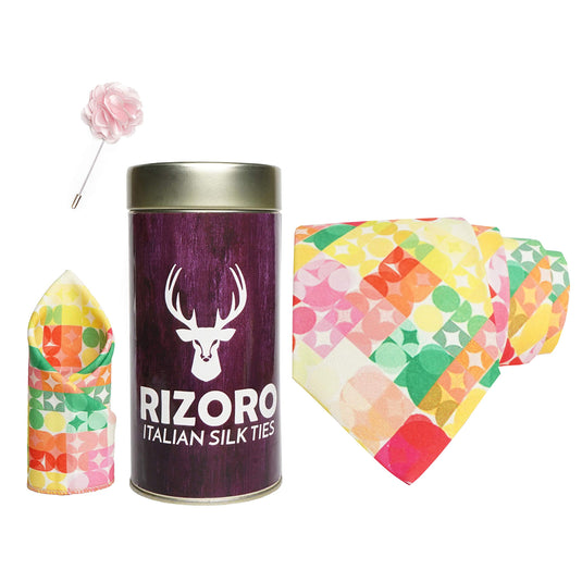 RIZORO Mens Plaid Boho Printed Silk Necktie Gift Set With Pocket Square & Brooch Pin Formal Tie Combo (Multi-Coloured 12, BOHOM12RT, Free Size)