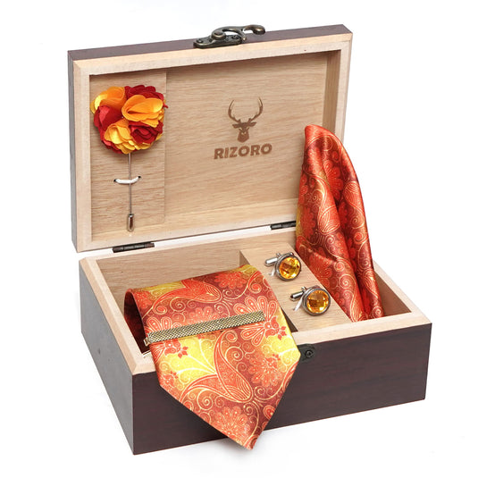 RIZORO Mens Plaid Micro Self Silk Printed Golden Necktie Gift Set With Pocket Square Cufflinks Brooch Pin Men Tie Clip Formal Tie With Wooden Box For Gifting (RW_23, Free Size)