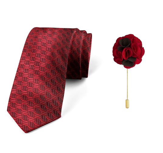 AXLON Men's Micro Polyester Necktie Set with Pocket Square and Brooch Pin (Red , Free Size)