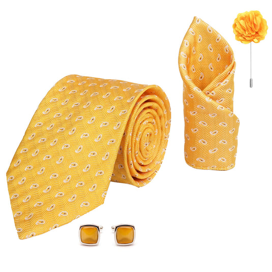 RIZORO Mens Plaid Pasiley Silk Necktie Gift Set With Pocket Square Cufflinks & Brooch Pin Formal Tie With Leatherite Box (AMBICRX Free Size) | (Leather Gift Box) (Pack of 4)