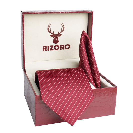 RIZORO Mens Plaid Stripped Silk Necktie Tie Gift Set With Pocket Square & Brooch Pin Formal Tie Set (S1RS, Free Size)