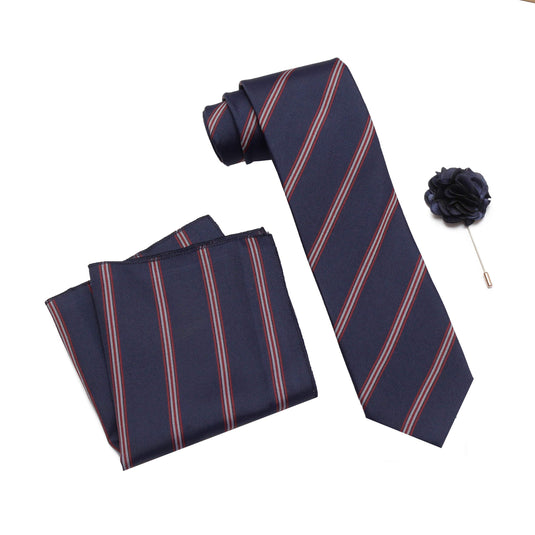 RIZORO Mens Plaid Stripped Silk Necktie Tie Gift Set With Pocket Square & Brooch Pin Formal Tie Set (S6RS, Free Size)