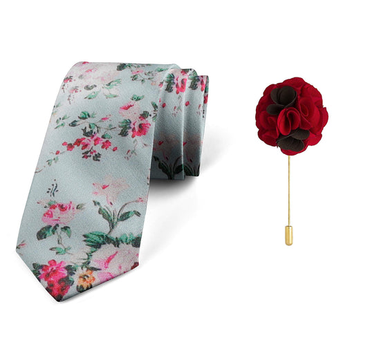 AXLON Men's Micro Polyester Floral Necktie Set with Pocket Square and Brooch Pin (Blue ,Free Size)