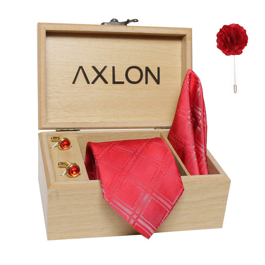 Axlon Men's Micro Polyester Broad Checked Necktie Set with Pocket Square, Brooch Pin and Cufflinks (Red, Free Size)