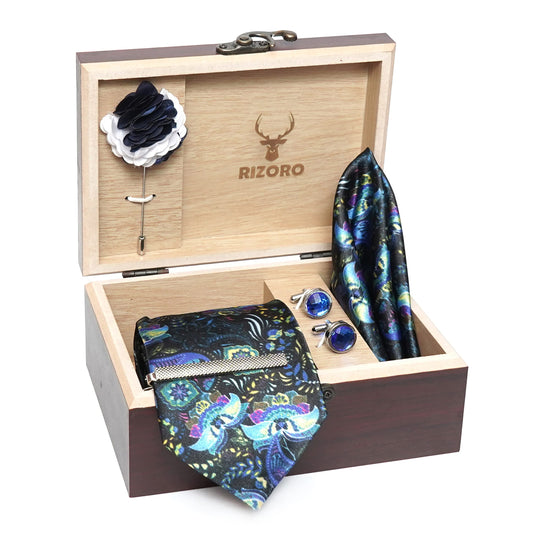 RIZORO Mens Plaid Micro Self Silk Floral Blue Necktie Gift Set With Pocket Square Cufflinks Brooch Pin Men Tie Clip Formal Tie With Wooden Box For Gifting (RW_17, Free Size)