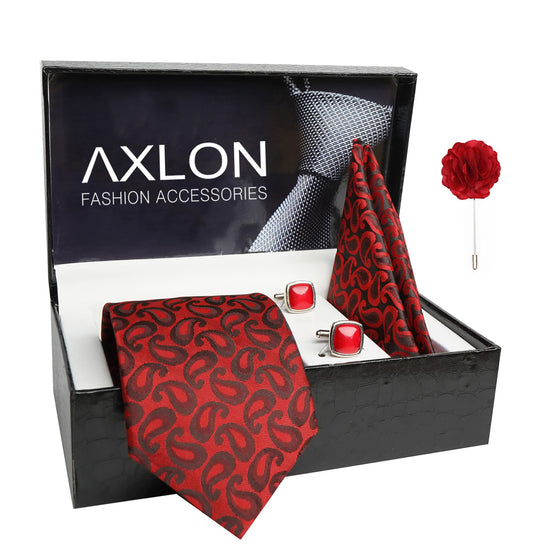 AXLON Mens Plaid Pasiley Silk Necktie Gift Set With Pocket Square Cufflinks & Brooch Pin Tie For Men Formal With Leatherite Box (AMBI2RX Free Size) | (Leather Gift Box) (Pack of 4)