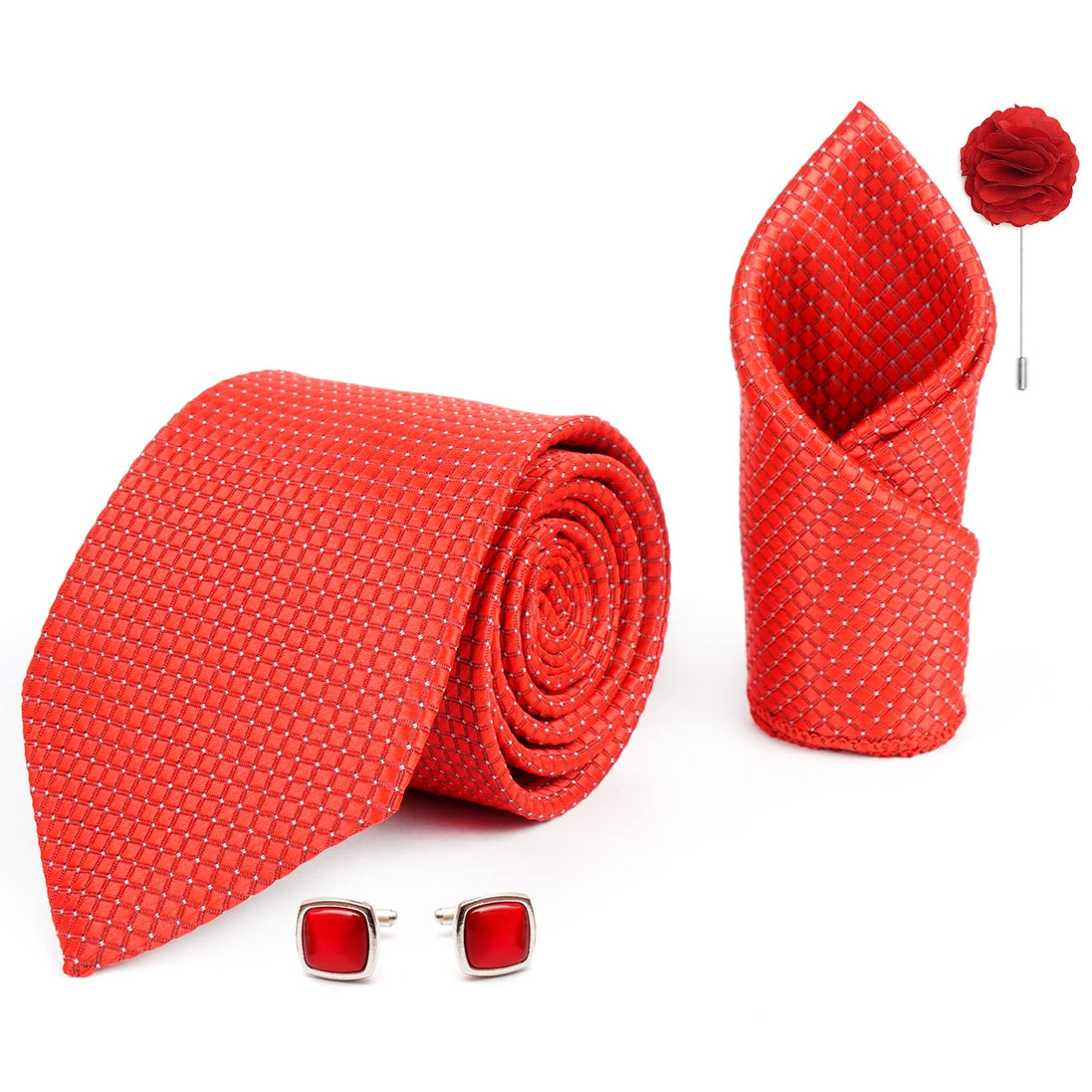 AXLON Mens Plaid Dotted Silk Necktie Gift Set With Pocket Square Cufflinks & Brooch Pin Tie For Men Formal With Leatherite Box (A9RX Free Size) | (Leather Gift Box) (Pack of 4)