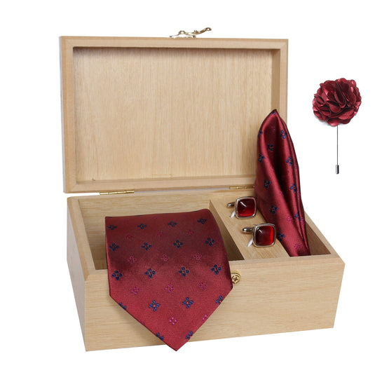 AXLON Men's Micro Polyester Necktie Set with Pocket Square, Brooch Pin and Cufflinks in Wooden Box (Free Size)