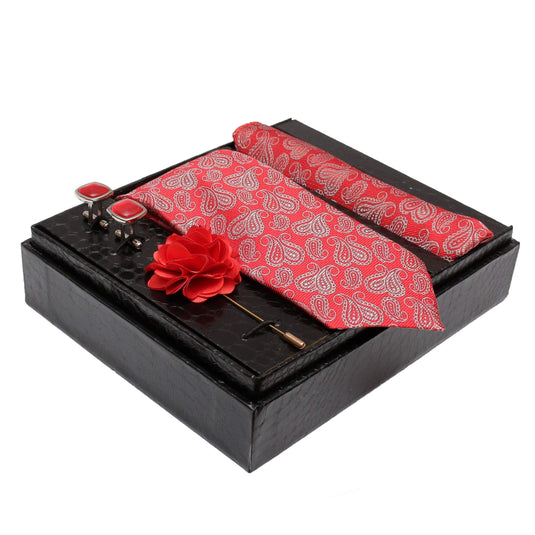 AXLONFormal/Casual Printed Polyester Necktie Set with Pocket Square, Brooch Pin and Cufflinks for Men (Free Size, Red)