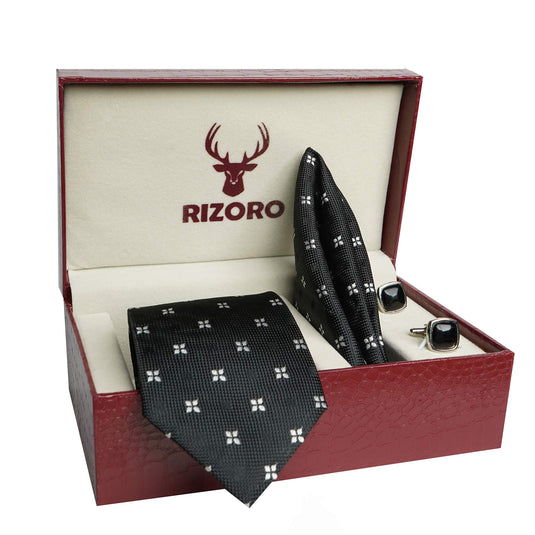 RIZORO Mens Plaid Dotted Silk Necktie Tie Gift Set With Pocket Square, Cufflinks & Brooch Pin Formal Tie With Leatherite Box (4D2RB, Free Size)