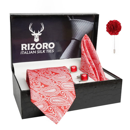 RIZORO Mens Plaid Paisley Silk Necktie Gift Set With Pocket Square Cufflinks & Brooch Pin Formal Tie With Leatherite Box (Pink AMBI5PKRX Free Size)