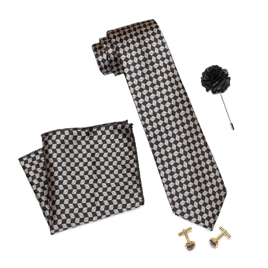 Axlon Men's Micro Polyester Broad Stripped Necktie Set with Pocket Square, Brooch Pin and Cufflinks (Grey, Free Size)