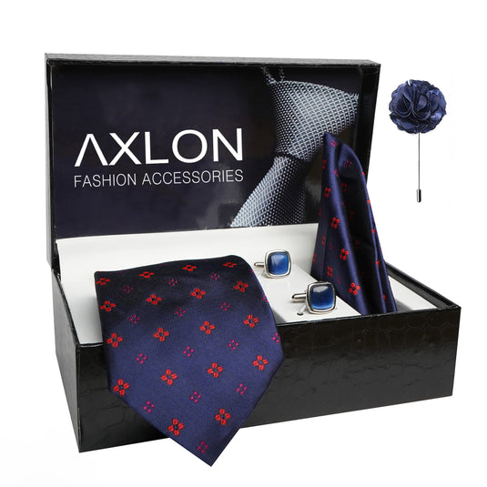 AXLON Mens Plaid Dotted Silk Necktie Gift Set With Pocket Square Cufflinks & Brooch Pin Tie For Men Formal With Leatherite Box (4D3RX Free Size) | (Leather Gift Box) (Pack of 4)