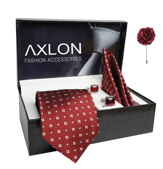 AXLON Mens Plaid Dotted Silk Necktie Gift Set With Pocket Square Cufflinks & Brooch Pin Tie For Men Formal With Leatherite Box (4D1RX Free Size) | (Leather Gift Box) (Pack of 4)