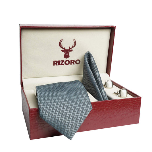 RIZORO Mens Plaid Micro Self Silk Necktie Tie Gift Set With Pocket Square, Cufflinks & Brooch Pin Formal Tie With Leatherite Box (SIDIRB, Free Size)