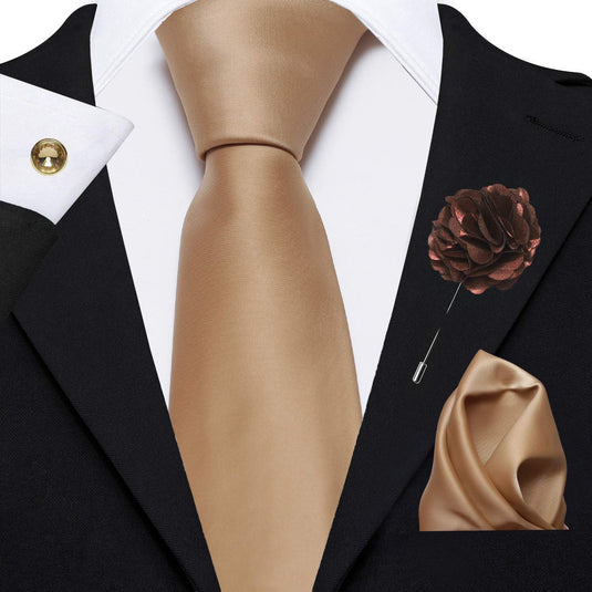 Axlon Men's Micro Polyester Plain Necktie Set with Pocket Square, Brooch Pin and Cufflinks Gift Box (Golden, Free Size)