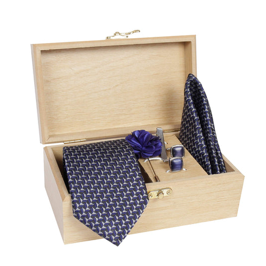 AXLON Men's Micro Polyester Casual Formal Printed Necktie Set with Pocket Square, Brooch Pin and Cufflinks in Wooden Box (Blue, Free Size)