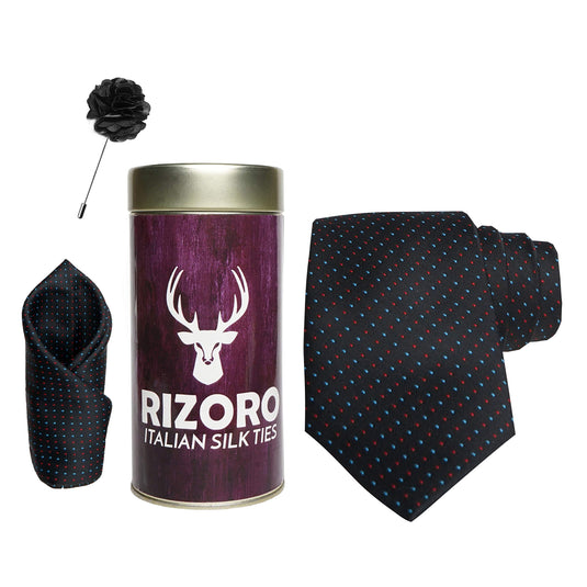 RIZORO Mens Plaid Dotted Silk Necktie Gift Set With Pocket Square & Brooch Pin Formal Tie Combo (D1RT, Free Size)