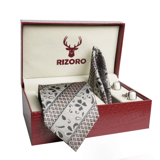 RIZORO Mens Plaid Pasiley Silk Necktie Tie Gift Set With Pocket Square, Cufflinks & Brooch Pin Formal Tie With Leatherite Box (AS1RB, Free Size)
