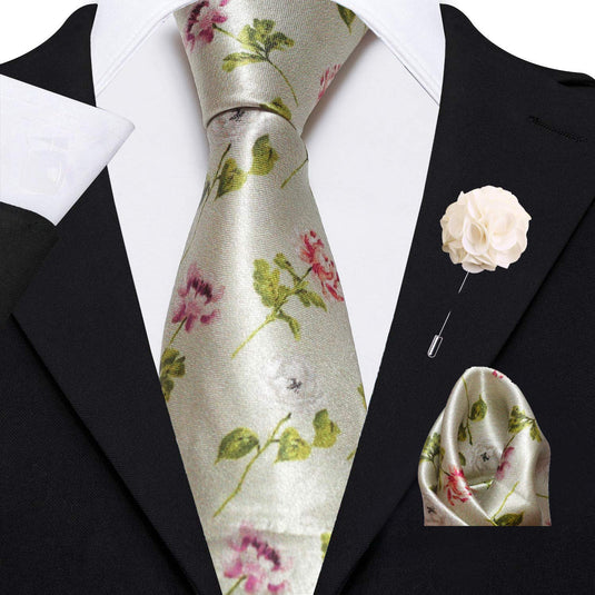 Axlon Men's Micro Polyester Floral Necktie Set with Pocket Square and Brooch Pin (Pink ,Free Size)