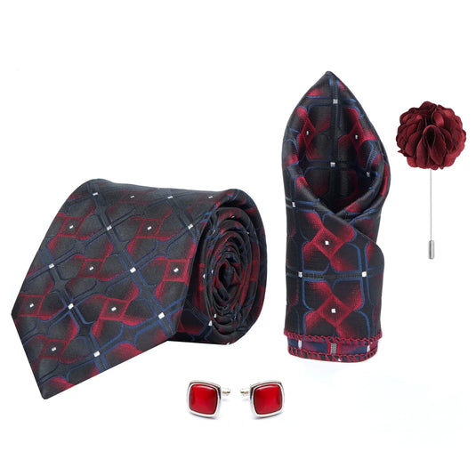 Axlon Men's 3D Micro Wooven Silk Necktie Gift Set With Pocket Square Cufflinks & Brooch Pin Tie for Men Formal Tie Set with Box (Pack of 4) (AX11_4, Blue Wine)