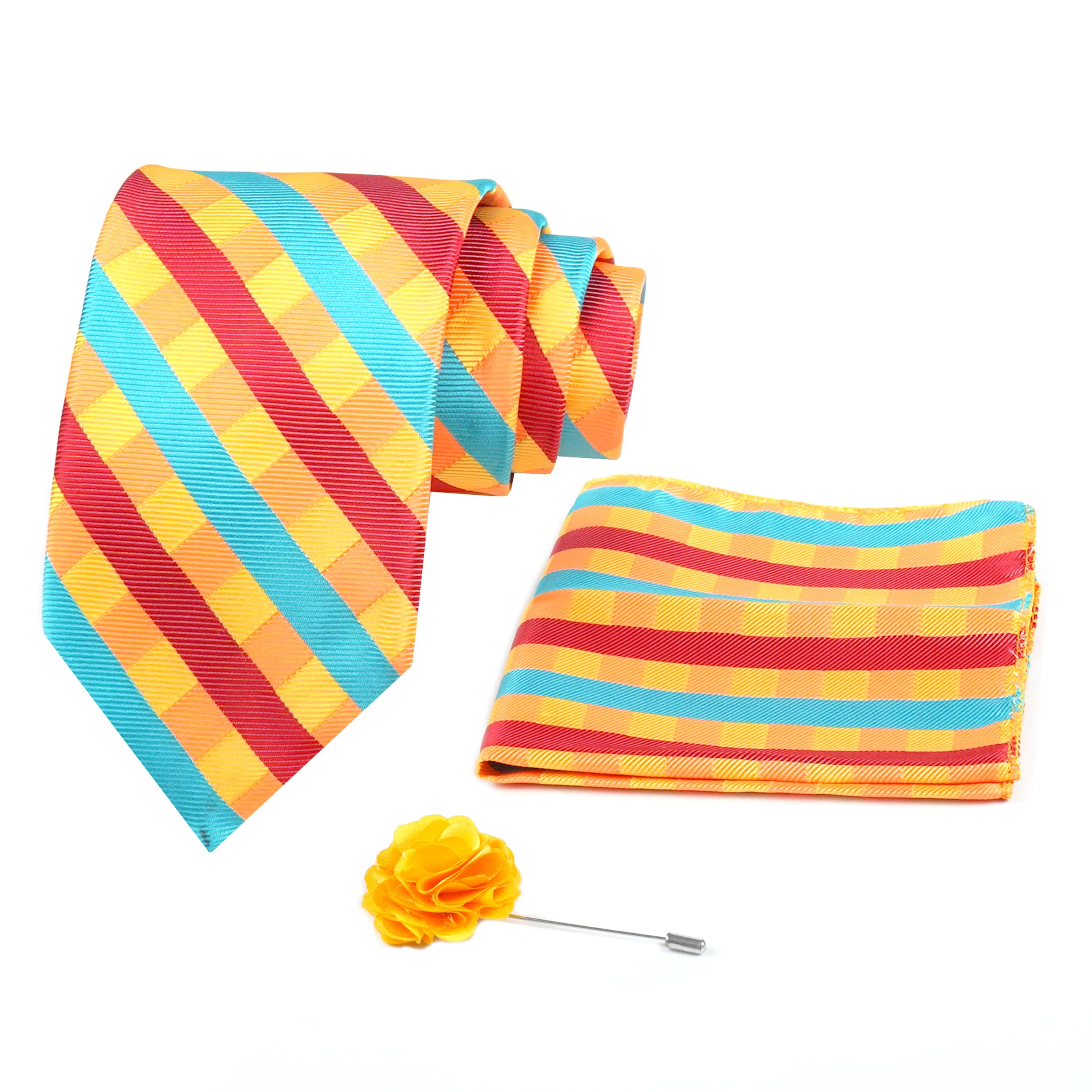 Axlon Mens Plaid Micro Self Silk Necktie Gift Set With Pocket Square & Brooch Pin Tie for Men Formal Tie Set with Box (Pack of 3) (Yellow, 2022AX_41)