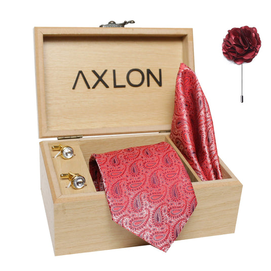 Axlon Men's Micro Polyester Printed Necktie Set with Pocket Square, Brooch Pin and Cufflinks (Red, Free Size)