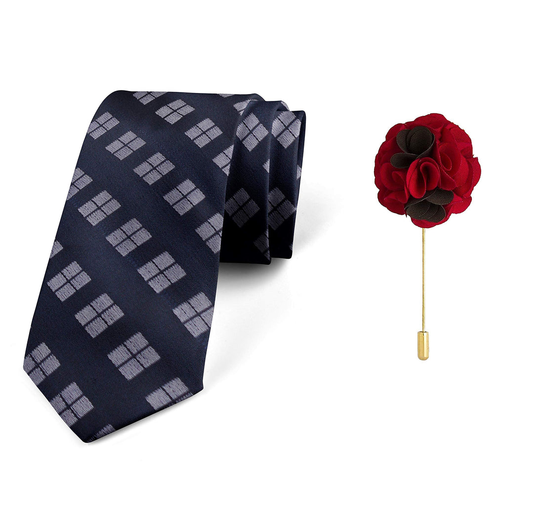 AXLON Men's Micro Polyester Checkered Necktie Set with Pocket Square and Brooch Pin (Blue , Free Size)