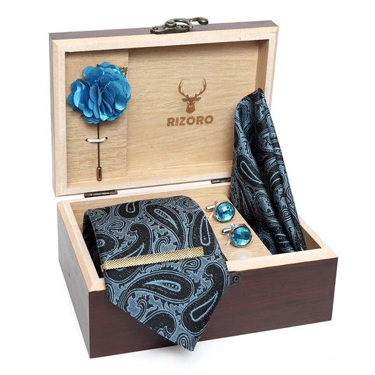 RIZORO Mens Plaid Micro Self Silk Paisley Blue Necktie Gift Set With Pocket Square Cufflinks Brooch Pin Men Tie Clip Formal Tie With Wooden Box For Gifting (RW_30, Free Size)