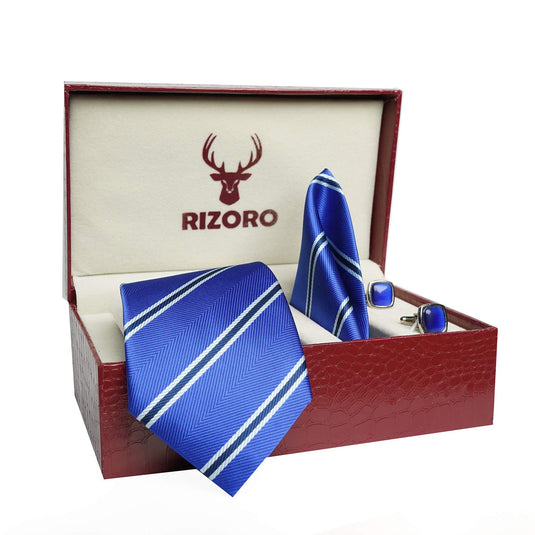 RIZORO Mens Plaid Stripped Silk Necktie Tie Gift Set With Pocket Square, Cufflinks & Brooch Pin Formal Tie With Leatherite Box (STRIPM3RB, Free Size)