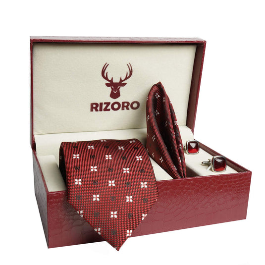 RIZORO Mens Plaid Dotted Silk Necktie Tie Gift Set With Pocket Square, Cufflinks & Brooch Pin Formal Tie With Leatherite Box (4D2RB, Free Size)