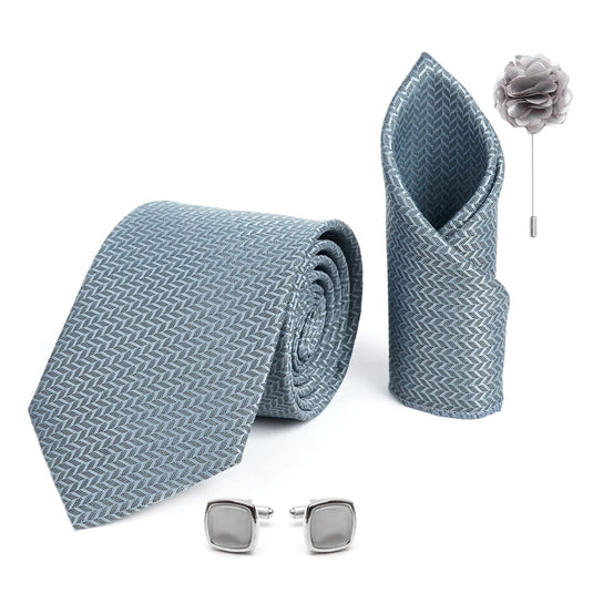 AXION Mens Plaid Micro Self Silk Necktie Gift Set With Pocket Square Cufflinks & Brooch Pin Formal Tie With Leatherite Box (SIDIRX Free Size) | (Leather Gift Box) (Pack of 4)