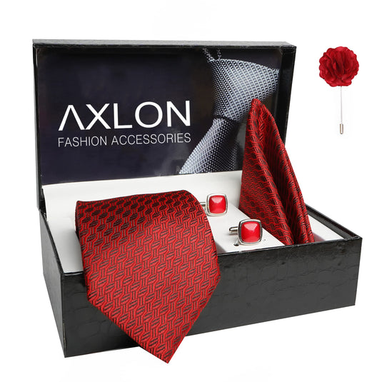 AXLON Mens Plaid Dotted Silk Necktie Gift Set With Pocket Square Cufflinks & Brooch Pin Tie For Men Formal With Leatherite Box (A12RX Free Size) | (Leather Gift Box) (Pack of 4)