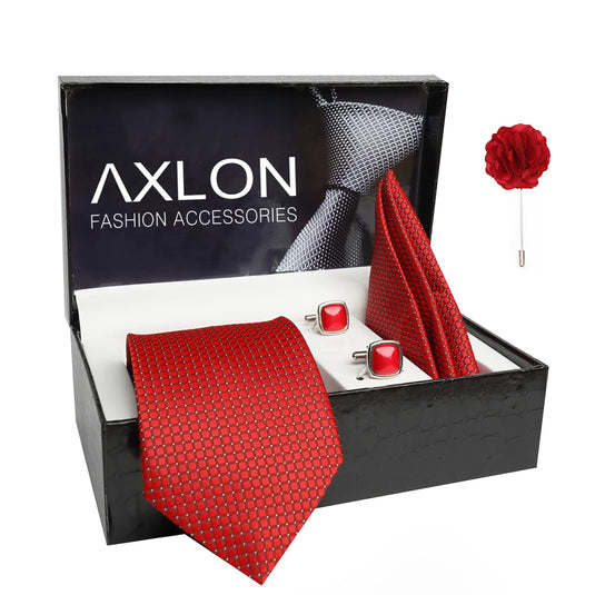 AXLON Mens Plaid Dotted Silk Necktie Gift Set With Pocket Square Cufflinks & Brooch Pin Tie For Men Formal With Leatherite Box (A9RX Free Size) | (Leather Gift Box) (Pack of 4)