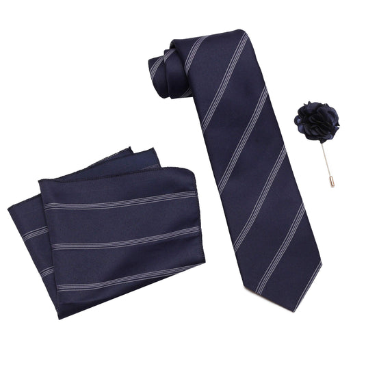 RIZORO Mens Plaid Stripped Silk Necktie Tie Gift Set With Pocket Square & Brooch Pin Formal Tie Set (S6RS, Free Size)