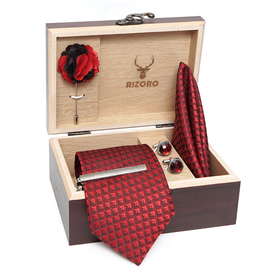RIZORO Mens Plaid Micro Self Silk Red Necktie Gift Set With Pocket Square Cufflinks Brooch Pin Men Tie Clip Formal Tie With Wooden Box For Gifting (RW_26, Free Size)