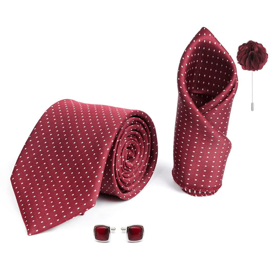 AXLON Mens Plaid Dotted Silk Necktie Gift Set With Pocket Square Cufflinks & Brooch Pin Formal Tie With Leatherite Box (D1RX Free Size) | (Leather Gift Box) (Pack of 4)