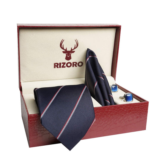 RIZORO Mens Plaid Stripped Silk Necktie Tie Gift Set With Pocket Square, Cufflinks & Brooch Pin Formal Tie With Leatherite Box (S4RB, Free Size)