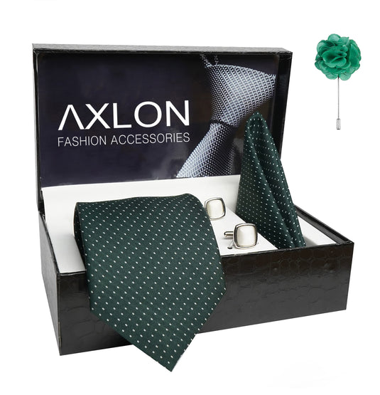 AXLON Mens Plaid Dotted Silk Necktie Gift Set With Pocket Square Cufflinks & Brooch Pin Tie For Men Formal With Leatherite Box (D1RX Free Size) | (Leather Gift Box) (Pack of 4)