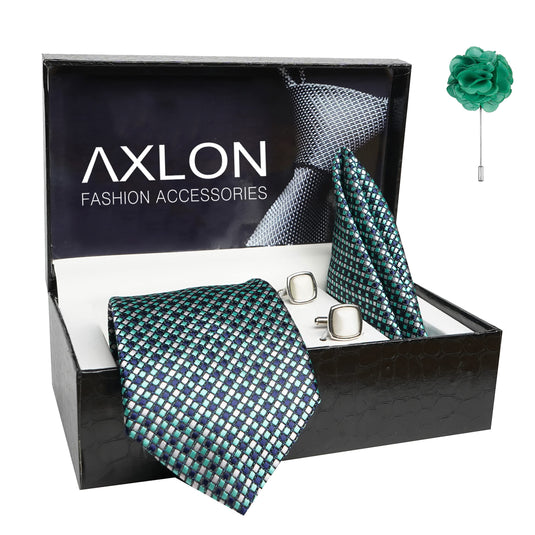 AXLON Mens Plaid Dotted Silk Necktie Gift Set With Pocket Square Cufflinks & Brooch Pin Tie For Men Formal With Leatherite Box (A14RX Free Size) | (Leather Gift Box) (Pack of 4)